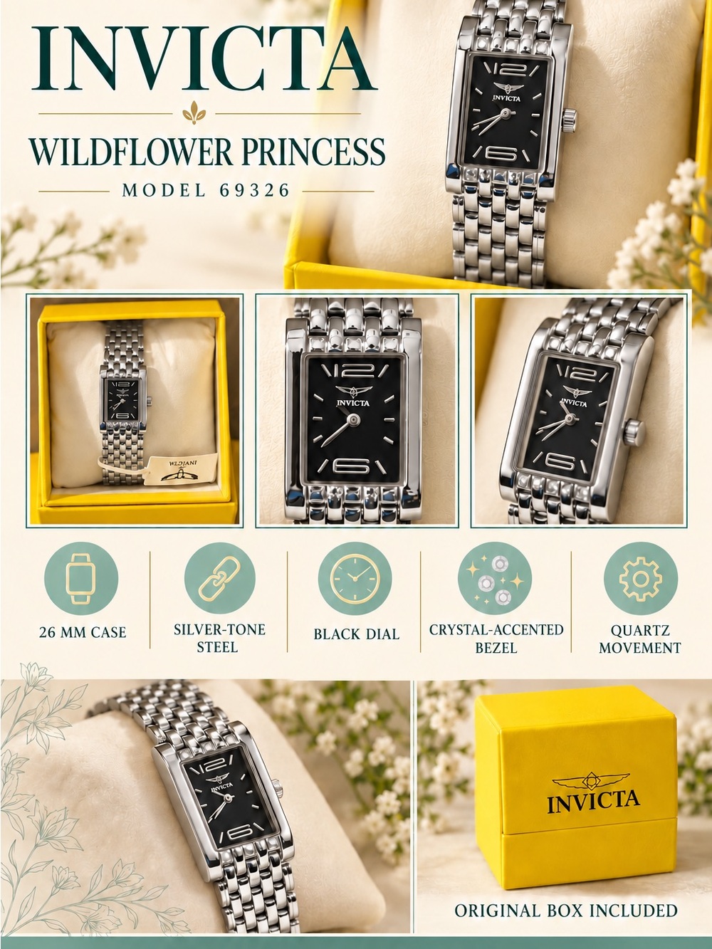 Invicta Wildflower Princess 69326 Silver Black Dial Watch